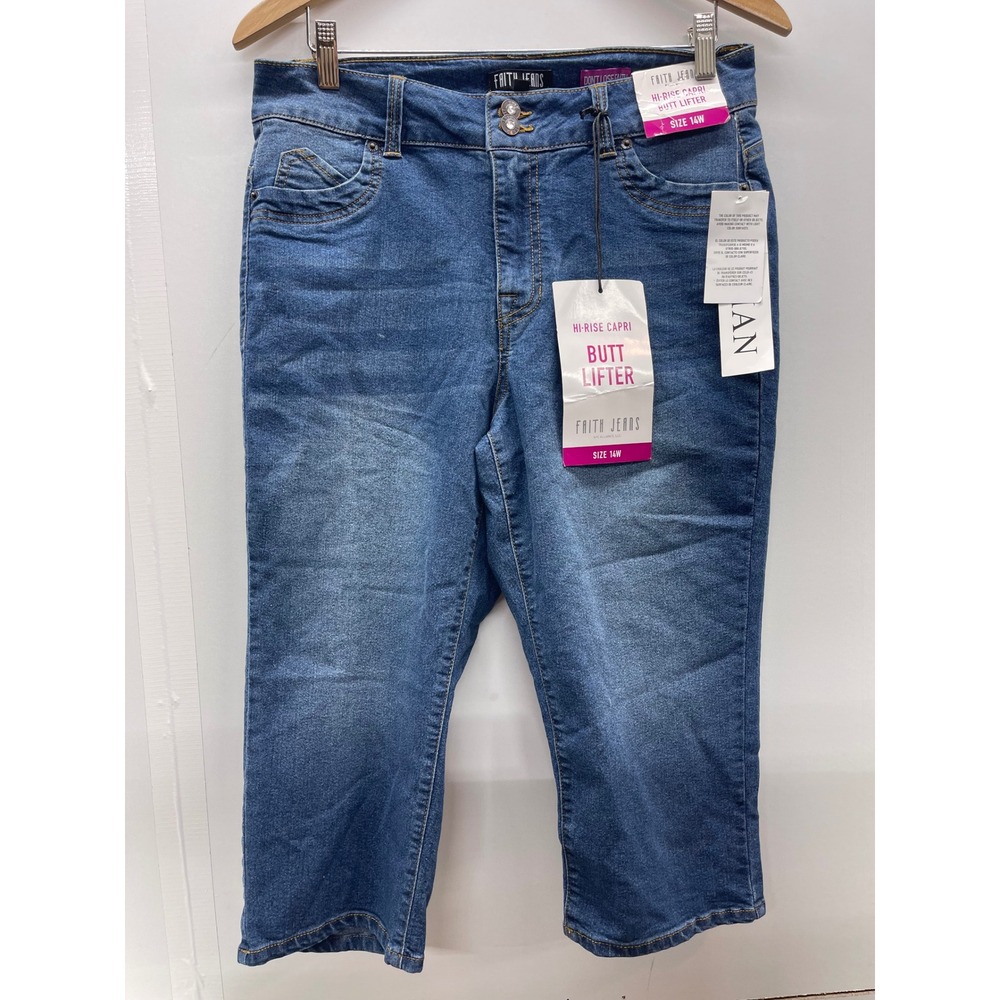 Faith Jeans Womens 14W Hi-Rise Capri Butt Lifter Denim Medium Wash Cropped Pants